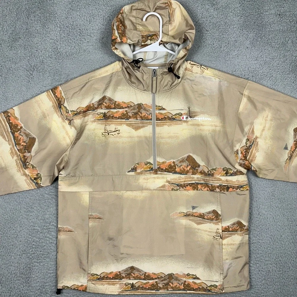 Champion Jacket Men Large Tan Landscape Print Anorak Windbreaker Half Zip Hooded